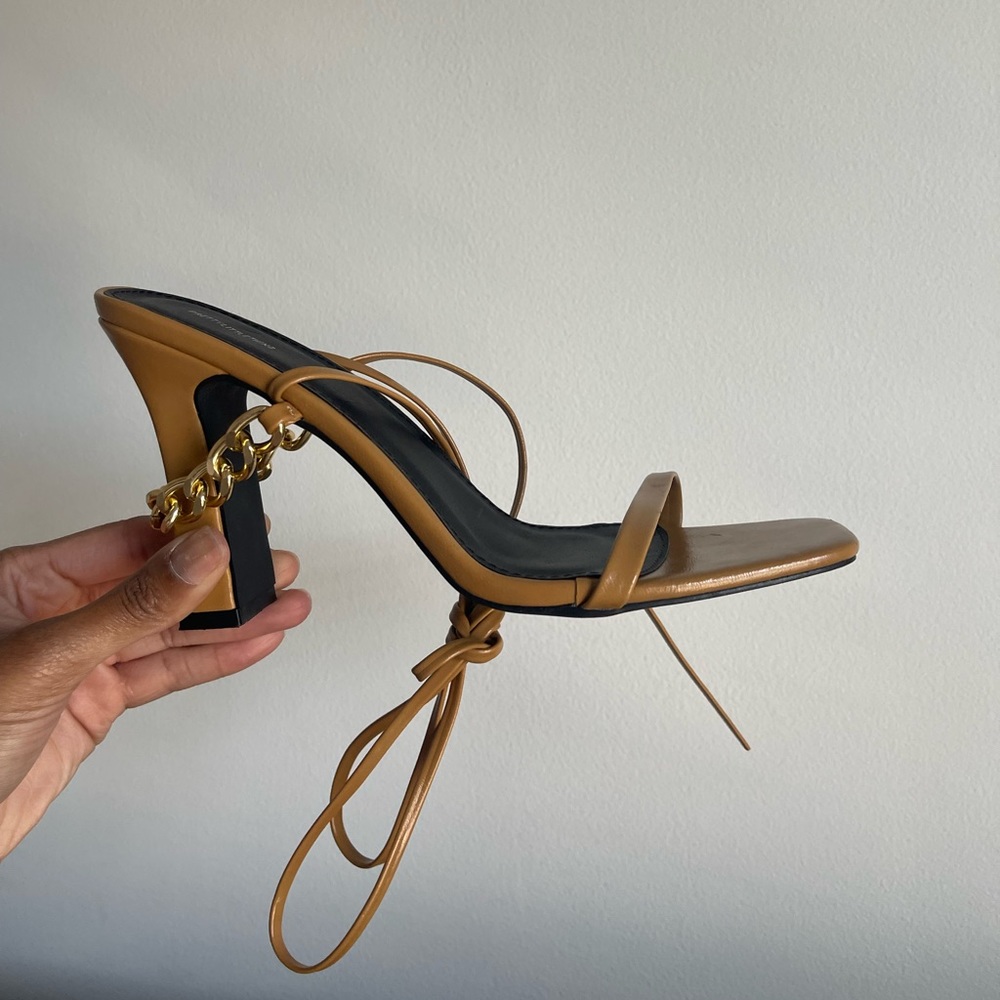 Tan chain heel sandals